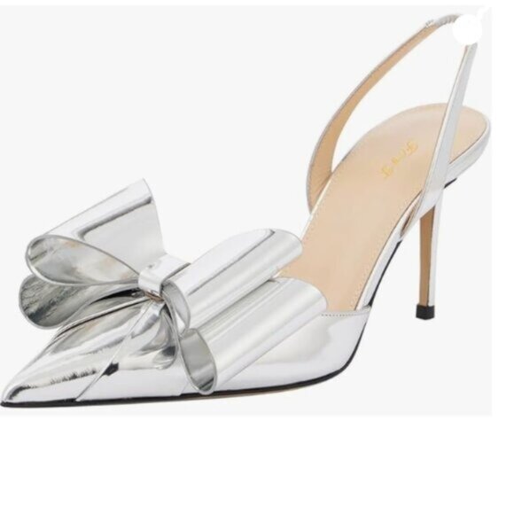 FOWT Silver Bow Pointed Toe Pumps High Heel Slingbacks Slip on Elegant Shoes - Picture 1 of 8
